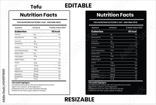 Tofu, nutrition facts , nutrition, nutrition label, calories in food, nutrition info, supplement facts, vector template