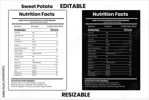 Sweet Potato, nutrition facts, nutrition, nutrition label, calories in food, nutrition info, supplement facts, vector template