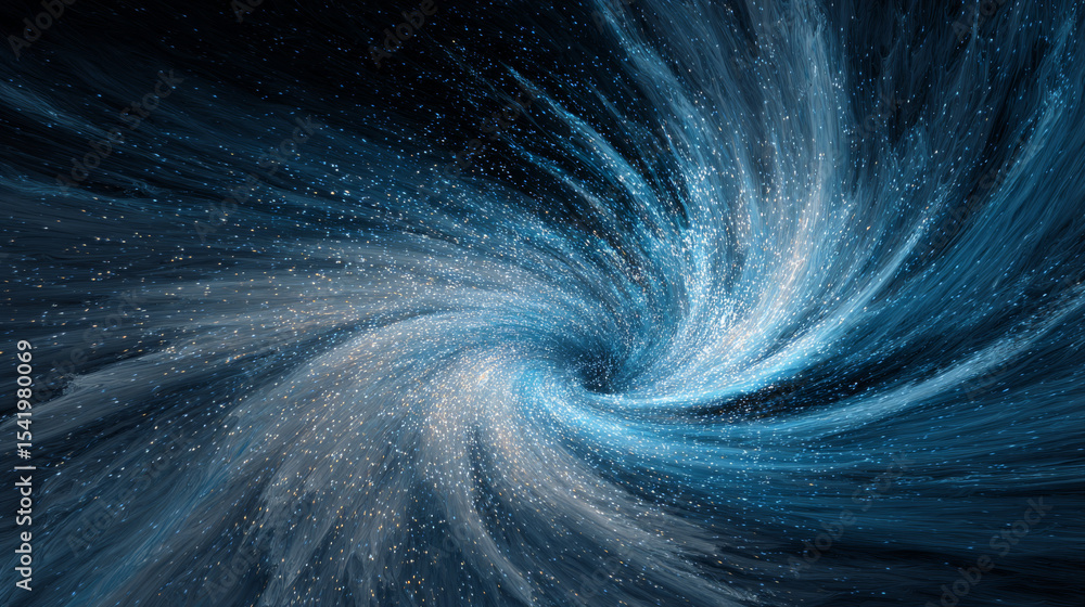 Naklejka premium Abstract vortex particles background. Dynamic blue wave moving in explosion. Wormhole shimmering star dust. 3d rendering.