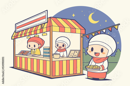Chibi vendors at Malaysian food market at night with snacks and lanterns