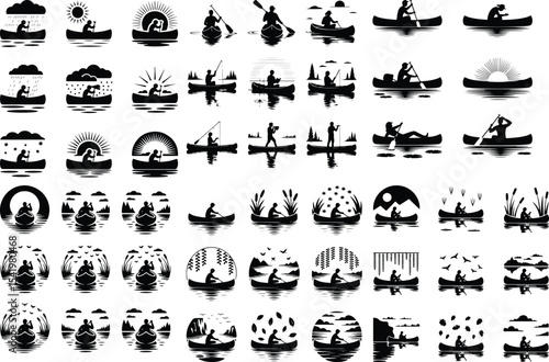 Person in Canoe Icon Silhouette Set – Adventure Paddling Scene Canoeing Silhouette Set – Outdoor Water Travel Icon Collection