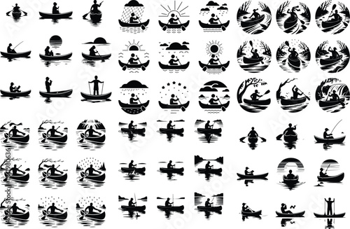Person in Canoe Icon Silhouette Set – Adventure Paddling Scene Canoeing Silhouette Set – Outdoor Water Travel Icon Collection