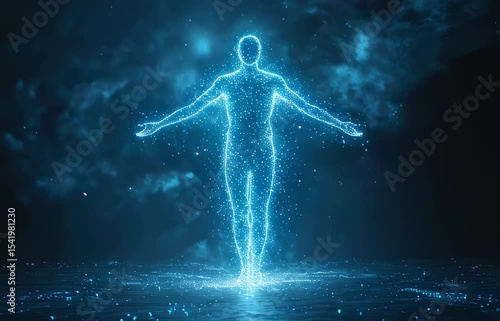 Digital human. Blue glow. Futuristic concept. Hologram figure. Male shape. Energy particles. Science technology. Virtual reality. Medical visualization. AI innovation. Background element. Presentatio