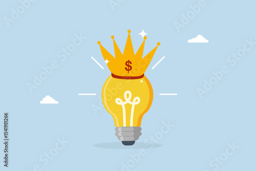 creative genius, glowing bright light bulb idea lamp with golden crown.