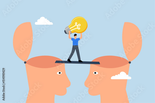 Knowledge transfer, entrepreneur holding light bulb strolls across bridge connecting two human brains.