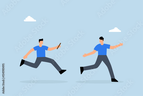 Business baton pass, entrepreneurs associates partners hand off responsibilities swiftly for achievement.