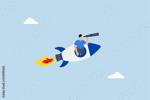 business manager excitedly opens rocket window with telescope.