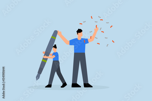 young pity woman working hard holding big pencil with bigger businessman liar get reward from her work.