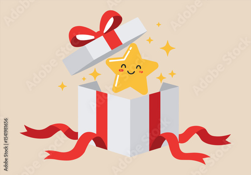 Cute Gift Box Surprise – Present, Star, Ribbon decoration, Holiday cheer, Happy package vector, Celebration moment illustration – Vectors illustrations.