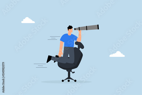 businessman with telescope rides on a desk to see the future and the way forward.