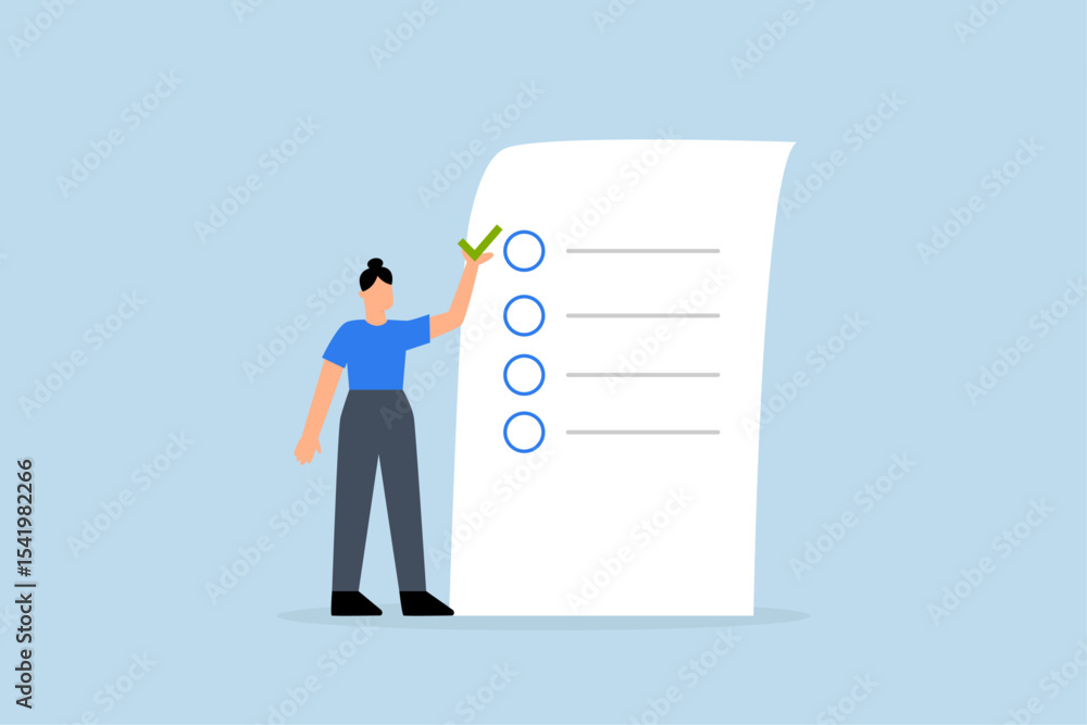 woman gives list of checkbox achievements on notebook paper. woman gives list of checkbox achievements on notebook paper.