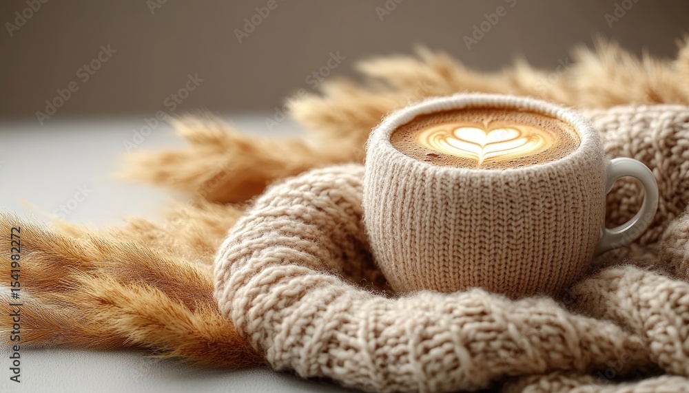 Warm coffee cup, heart latte art, and soft knit scarf with pampas grass. Ideal for cozy concepts, autumn vibes, or comforting beverage themes. Warm coffee cup, heart latte art, and soft knit scarf with pampas grass. Ideal for cozy concepts, autumn vibes, or comforting beverage themes.