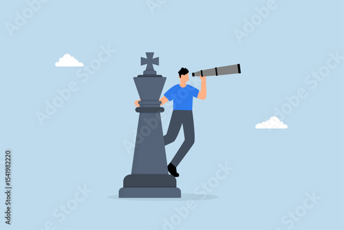 businessman manager standing on king chess piece using telescope to see business vision.
