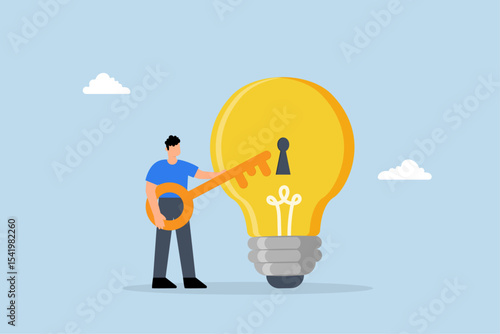 businessman with golden key will insert key into bulb idea lamp.