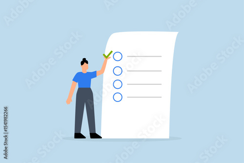 woman gives list of checkbox achievements on notebook paper.