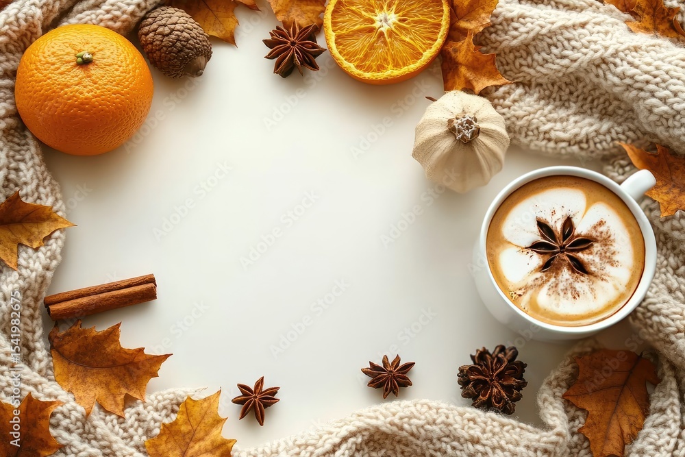 Flat lay: coffee, spices, and leaves form a warm, inviting autumn themed frame. Use for seasonal greetings, autumn promotions, or cozy lifestyle content. Flat lay: coffee, spices, and leaves form a warm, inviting autumn themed frame. Use for seasonal greetings, autumn promotions, or cozy lifestyle content.