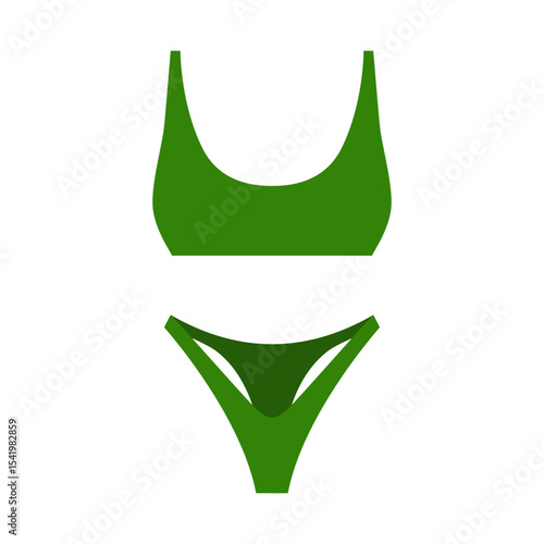 Green two piece swimsuit. Elegant bandeau for swimming and sunbathing on sea and ocean beaches with classic fashionable design