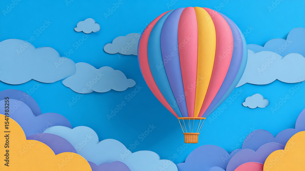 Fototapeta premium Hotair baloon romantic festival 3d vector illustration. Round bright sky travel aerostat. Gas inflated striped flight air balloon rising up. Cartoon dreamy adventure concept. Red blue yellow airship