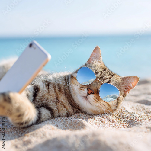 cute cat lying on the beach on vacation with phone and taking selfie