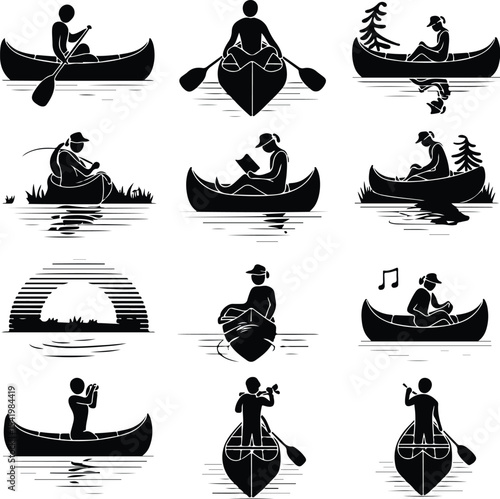 Person in Canoe Icon Silhouette Set – Adventure Paddling Scene Canoeing Silhouette Set – Outdoor Water Travel Icon Collection