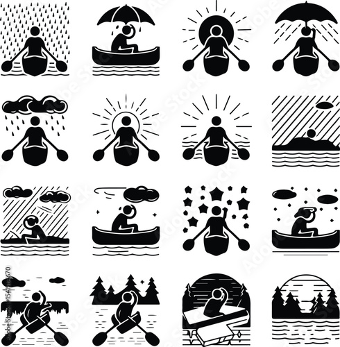 Person in Canoe Icon Silhouette Set – Adventure Paddling Scene Canoeing Silhouette Set – Outdoor Water Travel Icon Collection