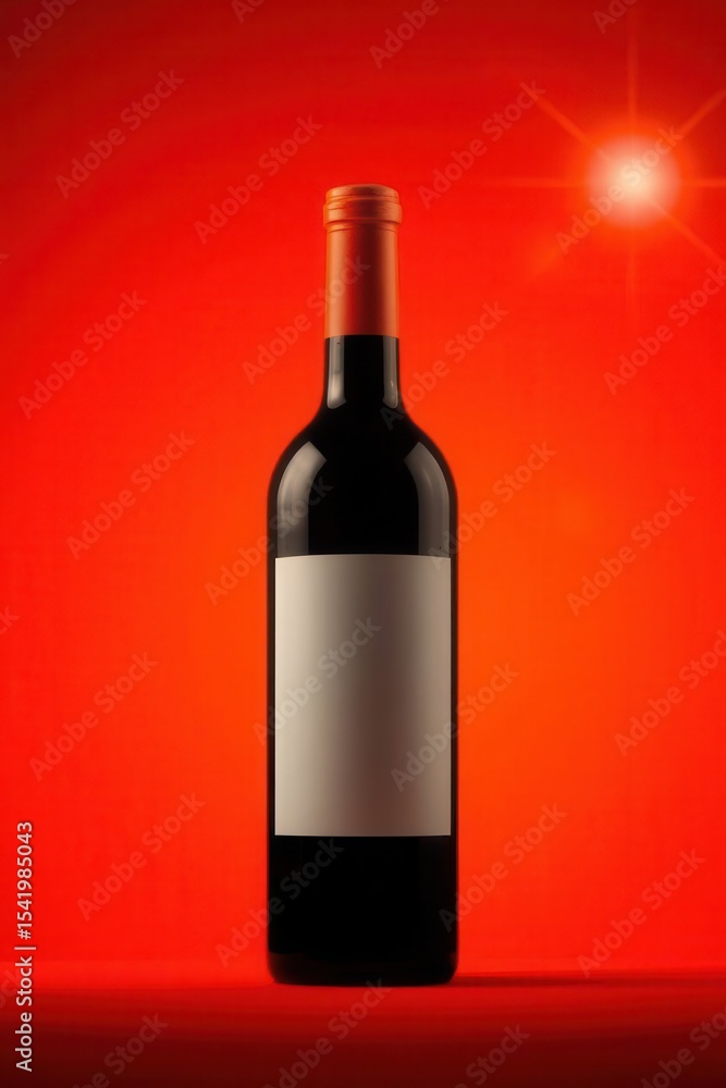 Fototapeta premium Bottle of red wine against vibrant red background with blank label, ready for personalized branding.