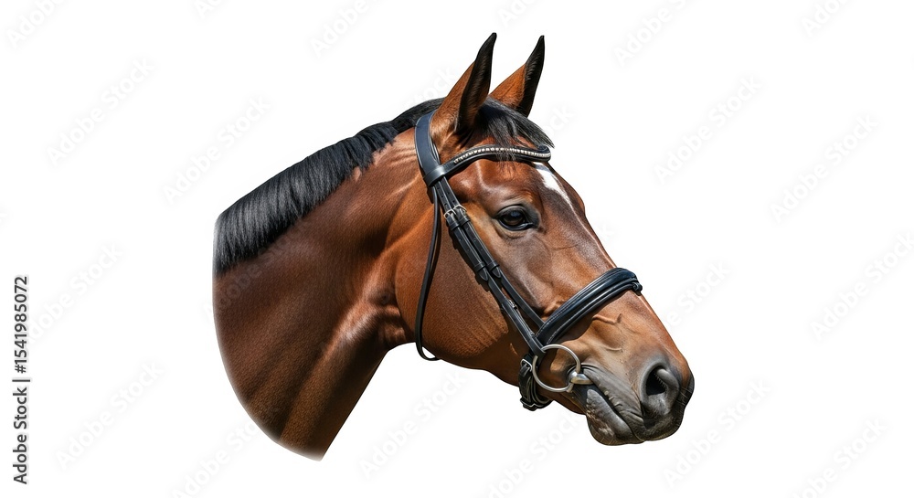 Obraz premium Elegant brown horse head portrait wearing a black bridle, showcasing its muscular neck and glossy