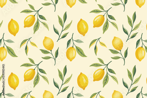 Fresh Lemon and Green Leaves Seamless Pattern Vibrant Citrus Illustration
