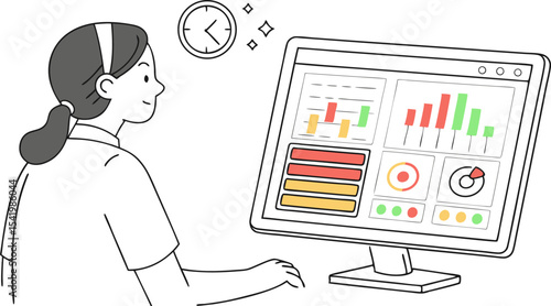Woman analyzing data on a computer screen with charts and graphs near a clock with sparkles around it