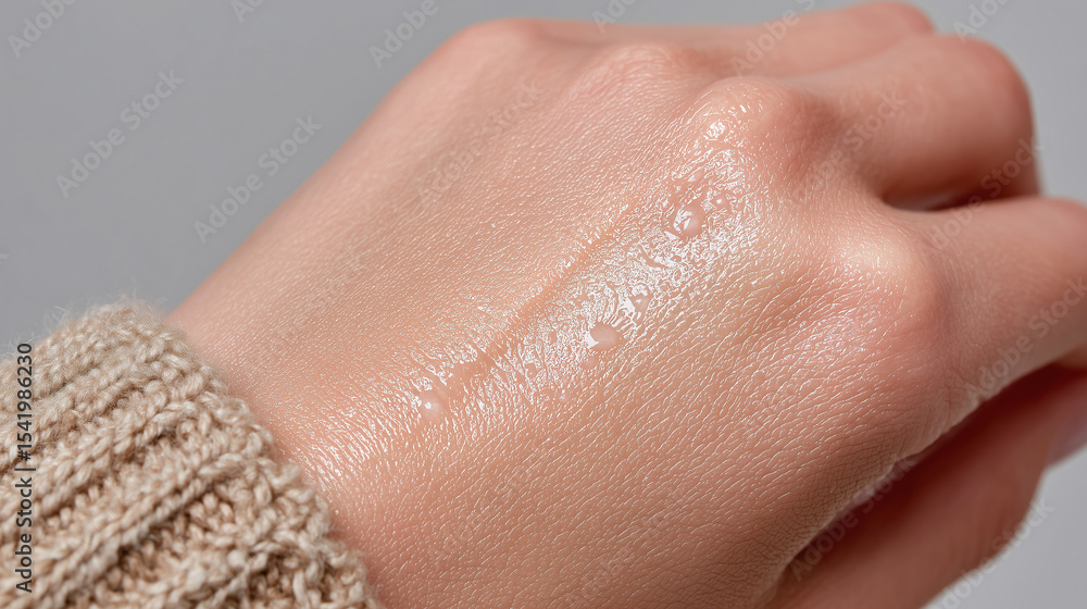 Fototapeta premium Moisturized skin on outer wrist with clear hydration drops, closeup showing smooth texture and healthy glow on light skin tone wearing beige knitted sleeve