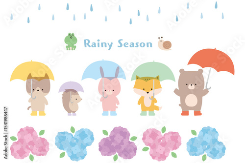 Cute Animals with Colorful Umbrellas: Rainy Season Illustration