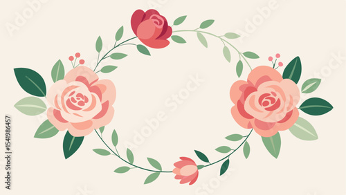 Elegant floral wreath design with delicate roses and greenery on transparent background