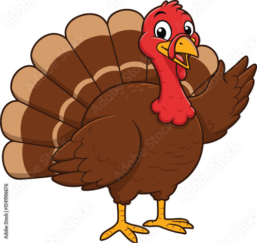 Happy Cartoon Thanksgiving Turkey Waving with a Friendly Smile, Ideal for Autumn Holiday Celebrations, Farm Themes, and Festive Marketing Designs.