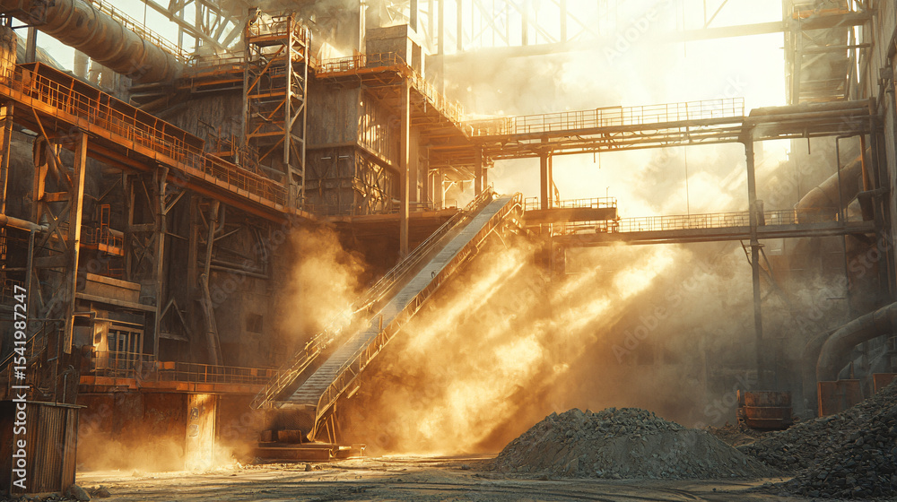 Industrial Factory Scene with Dust and Sunlight at Rising Dawn Industrial Factory Scene with Dust and Sunlight at Rising Dawn