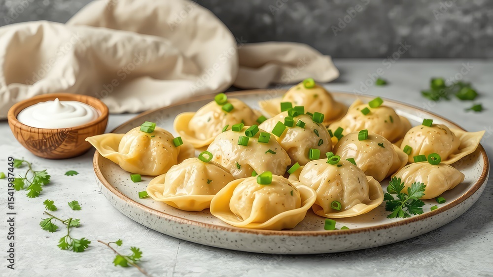 Delicious homemade dumplings presented on a rustic plate with a creamy dipping sauce and fresh herb garnish Delicious homemade dumplings presented on a rustic plate with a creamy dipping sauce and fresh herb garnish