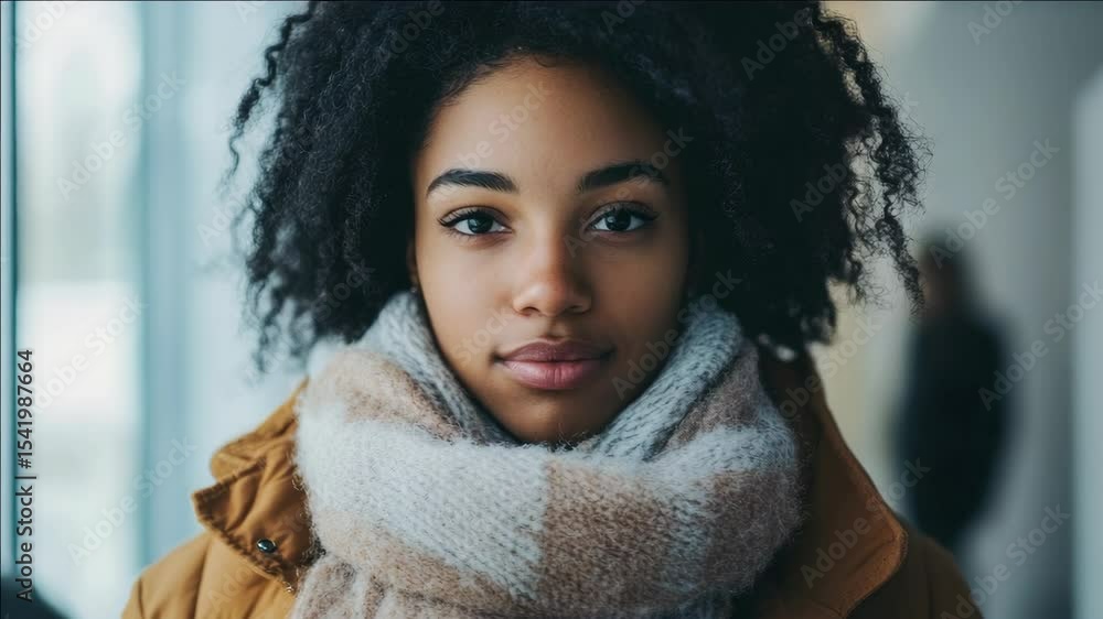 A young woman with a smile on her face, looking directly at the camera. She is wearing a scarf and seems to be in an urban environment. A young woman with a smile on her face, looking directly at the camera. She is wearing a scarf and seems to be in an urban environment.