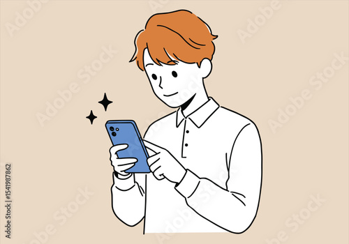 Happy Man Using Smartphone – Smiling, Browsing, Digital activity, Mobile screen, Male user vector, Phone interaction illustration – Vectors illustrations.







