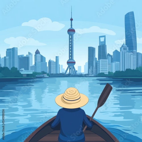Person Rowing Boat Shanghai Skyline