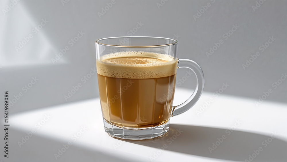 A clear glass mug filled with coffee and foam on a white surface with soft lighting and shadows