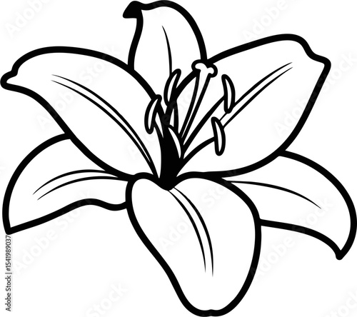 Botanical lily flower logo vector, detailed line art in black and white, timeless emblem for natural products, beauty brands, or eco packaging.

