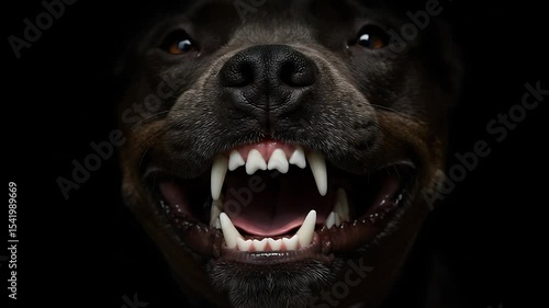 Intense close-up of a menacing dog with sharp teeth, conveying aggression and danger