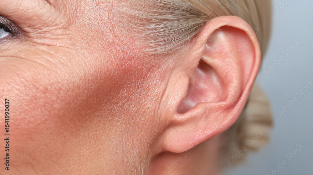 Obraz premium Redness and irritation behind ear on light skin, showing heat rash or skin inflammation with visible texture and fine hair in close up detail
