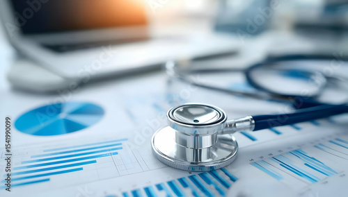 A stethoscope rests on financial documents beside a laptop, symbolizing the intersection of healthcare and finance.