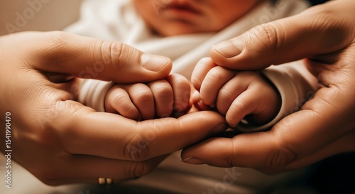 A mother's gentle hands cradle her newborn's tiny fingers - a fragile first bond symbolizing unconditional love and tender beginnings.