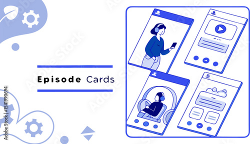 Illustration of four episode cards with different content and a decorative background with gears and leaves