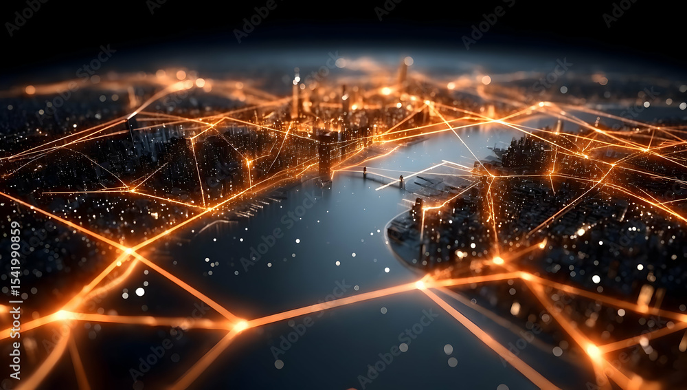 Obraz premium Aerial view of a vibrant city illuminated by interconnected lines representing digital networks and urban innovation.