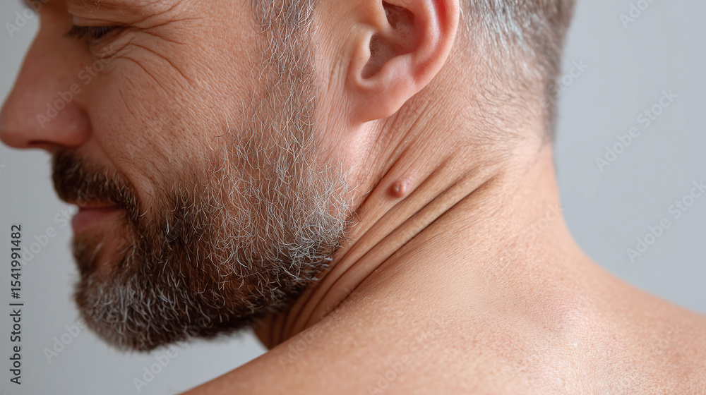 Obraz premium Closeup of skin mole on neck of middle aged man with beard and gray hair, showing natural skin texture and wrinkles in soft lighting