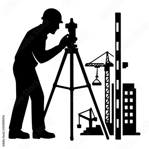 Silhouette of surveyor at construction site using theodolite for land surveying and building projects