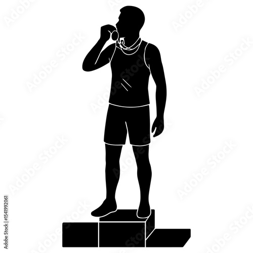 Winner athlete silhouette on podium celebrating victory with medal achievement award champion success