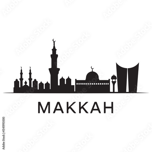 Makkah skyline horizontal banner. Makkah, Saudi Arabia. Vector template for your design. Vector black silhouette. with white background